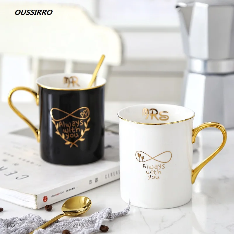 OUSSIRRO, золотая ручка, керамическая фарфоровая кофейная кружка, мистер и миссис, Подарочная коробка, чашка для чая, молока, креативный подарок на свадьбу, годовщину