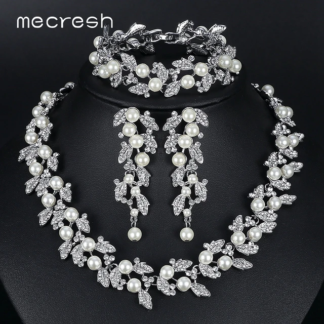 Mecresh Simulated Pearl Bridal Jewelry Sets Silver Gold Color Mecresh Simulated Pearl Bridal Jewelry Sets Silver Gold Color Necklace Set Wedding Parure