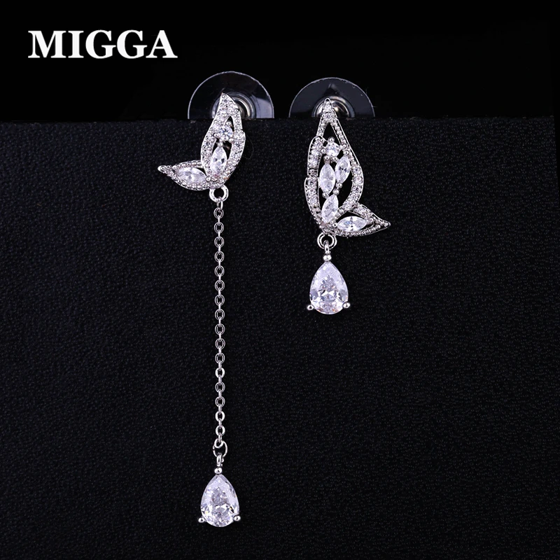 

MIGGA 925 Sterling Silver Needles Dangle Earrings Zircon Stone Water Drop Butterfly Earrings for Women