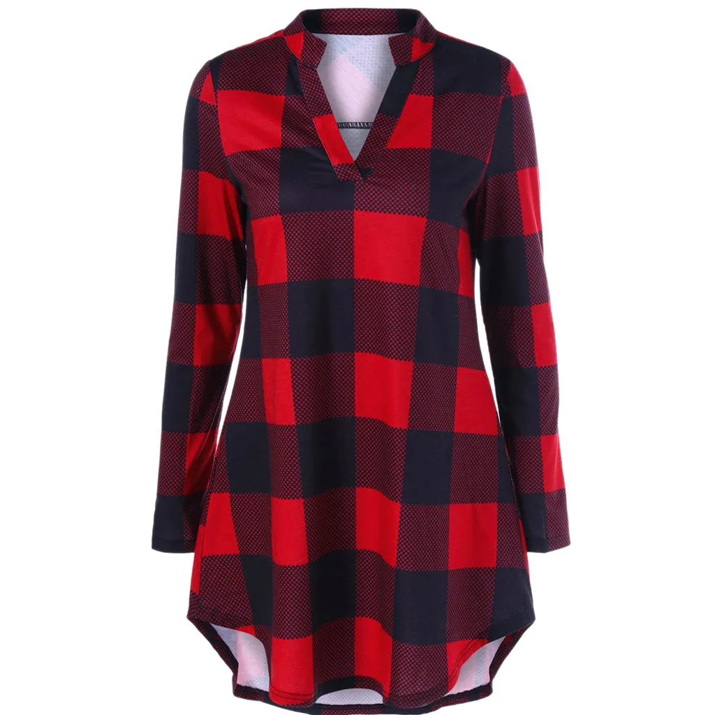 

-Blouse Women Fashion Women Polyester Plus Size L-4XL Haut Femme Blusa V-Neck Long Sleeve Long Plaid Print Casual Top Blouse Z4