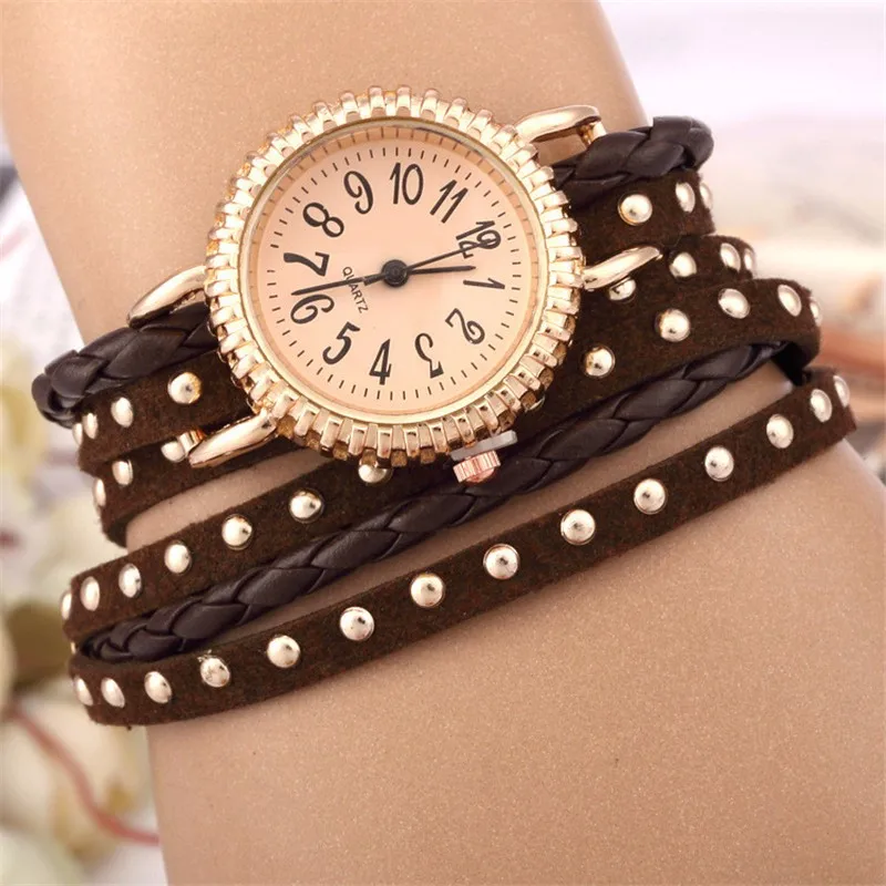 Мода обертывание заклепки браслет женские часы кварцевые часы наручные часы для женщин Девушка Montre Femme relogios черный, розовый