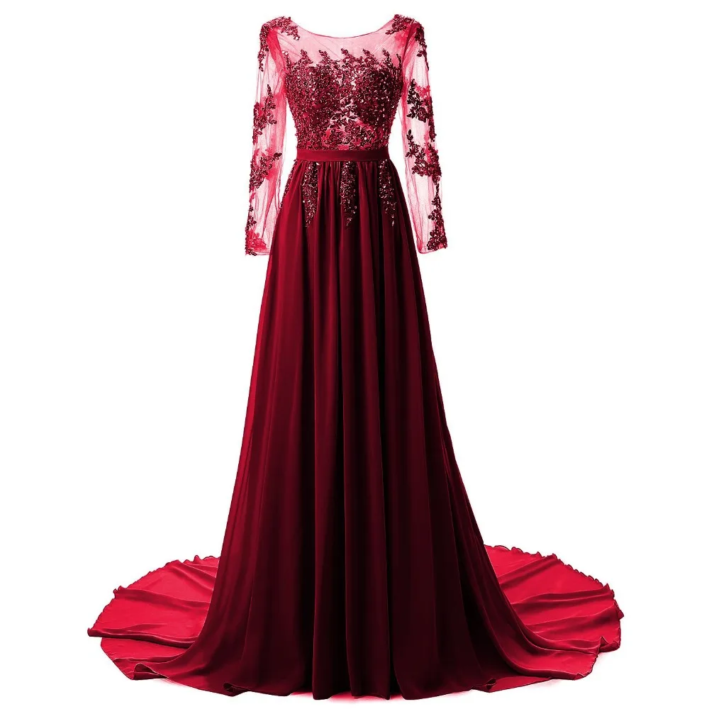 CEEWHY Burgundy Crystal Evening Dresses Embroidery Evening Dress Long Sleeve Chiffon Formal Prom Dress Robe de Soiree Vestidos