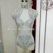 Плюс серебряная кожа Сексуальная Перспектива боди с кристаллами бюстгальтер костюм сверкающие бриллианты яркими блестками певица танец трико