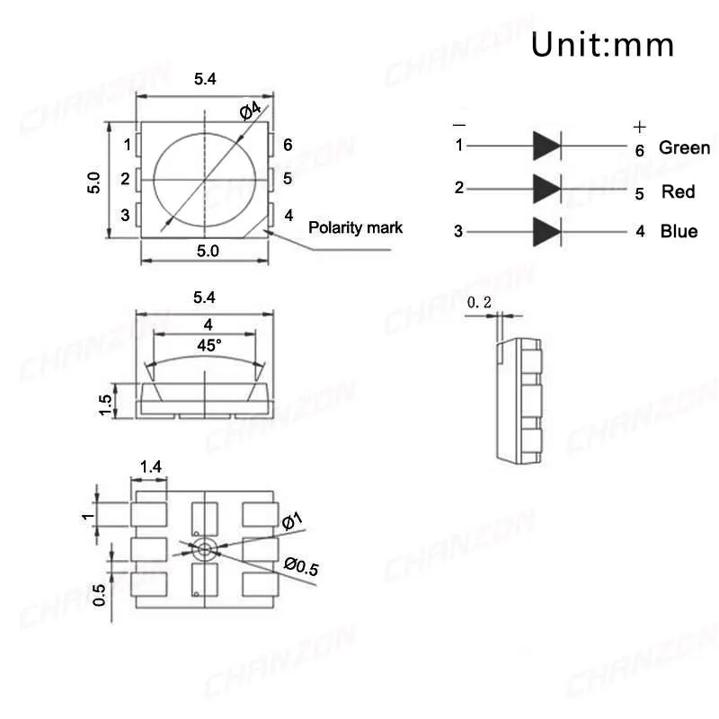 100 шт. SMD 5050 RGB чип светодиодный PLCC-6 smd5050 светодиодный триколор 60 мА DC 2 в красный зеленый синий светодиодный светильник светодиод лампы PCB SMT Beads