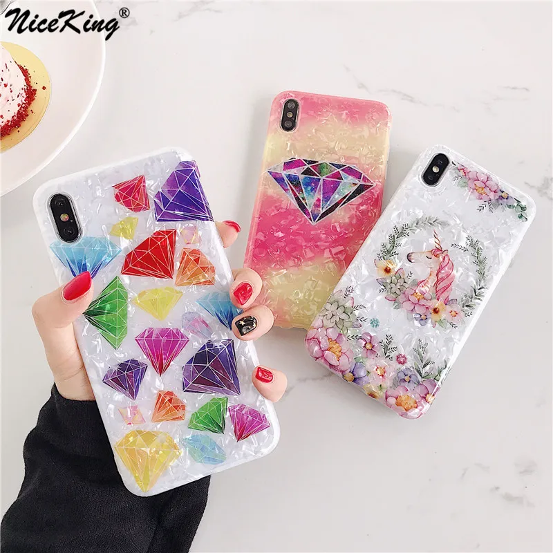 

Niceking Coloful Marble Case For iPhone 7 8 6 6S Plus X XR XS MAX Unicorn Diamond Glittler Conch Shell Soft Tpu Phone Case Cover