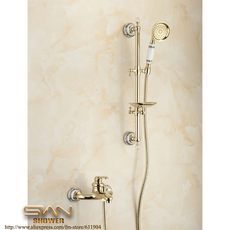 Luxury Gold Color Exposed Wall Mount Bathroom Bathtub Faucet Mixer Tap