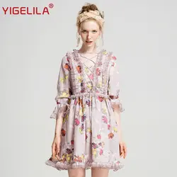 YIGELILA 2019 последняя весна для женщин Мода High Street V образным вырезом кружево до Flare рукавом Империя длина до колена сетки платье с принтом 62957