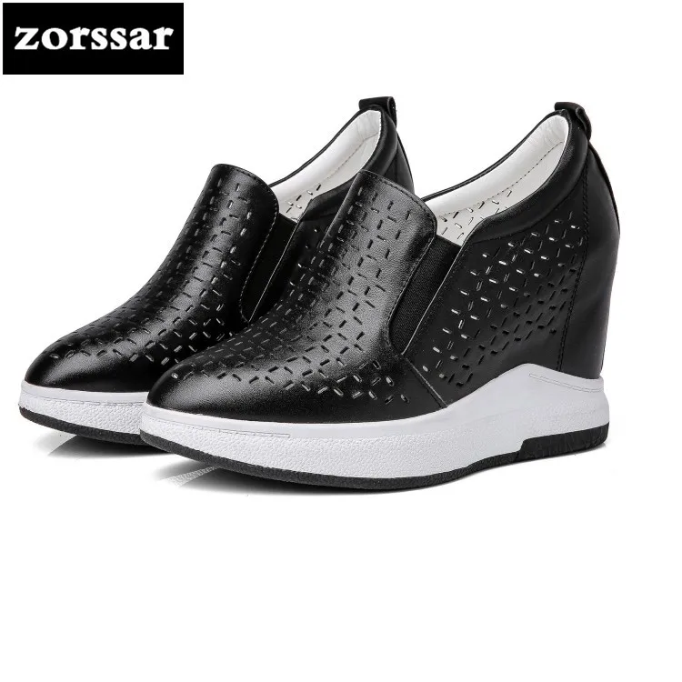 

{Zorssar} 2018 Genuine leather ladies casual womens shoes increased internal High heels pumps Cut-Outs Breathable Summer shoes