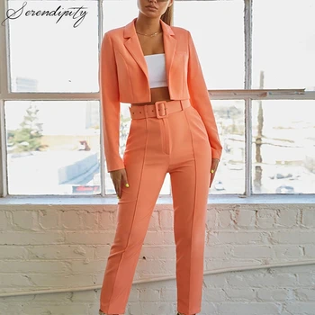

Women Blazer Top and Pants Set Long Sleeve Sashes Sexy Two Piece Set Solid Pockets Women Set 2020 High Waist Casual Autumn Short