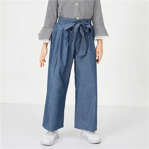 SHEIN Kiddie Blue/Элегантные штаны с эластичной резинкой на талии и поясом для девочек; коллекция года; сезон весна; Модные Винтажные брюки; брюки для девочек; детская одежда - Цвет: Синий