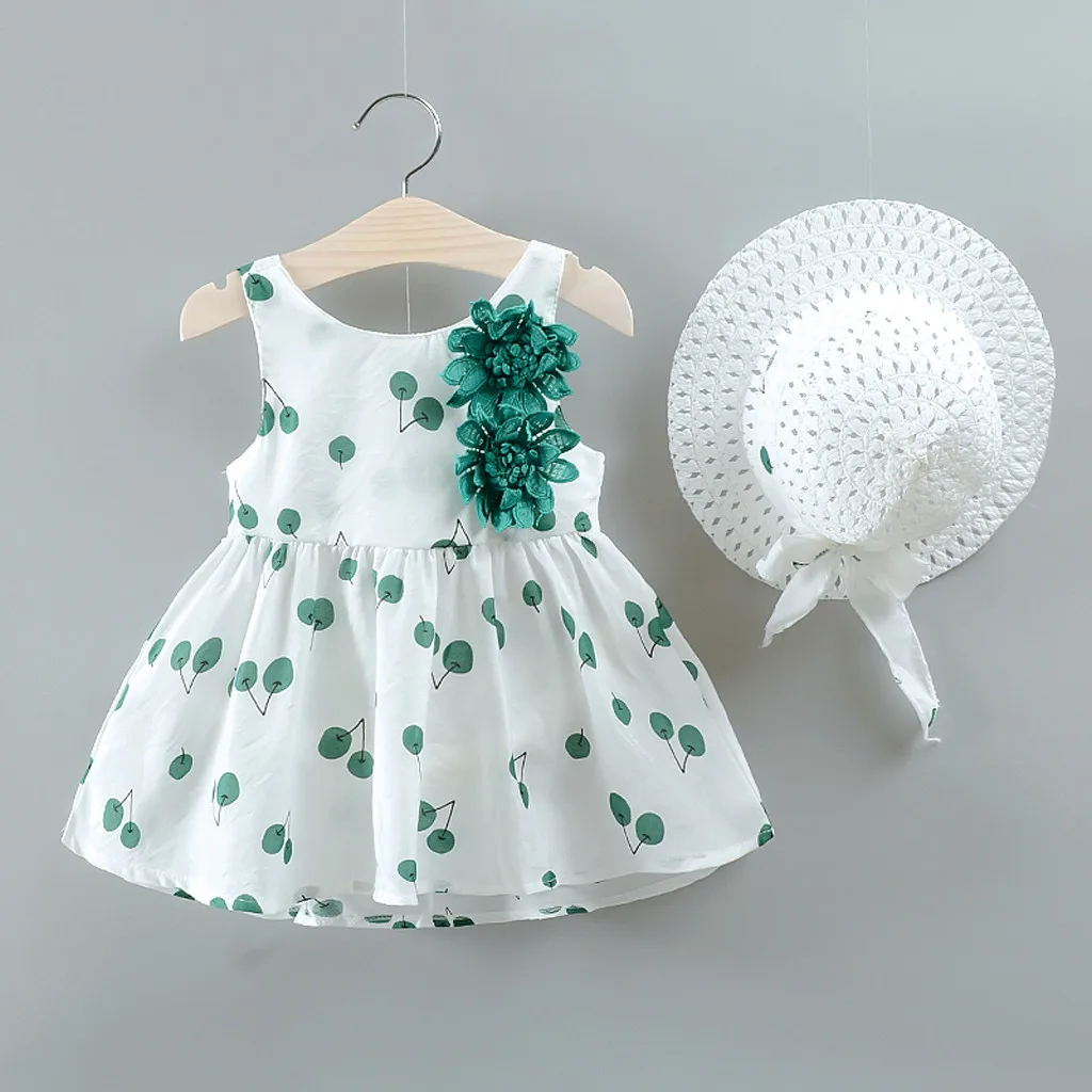 

Summer New Fashion Cute Toddler Kid Baby Girl Cherry Printed Princess Dress+Hat Outfits Set Clothes Wholesale Free Ship Z4