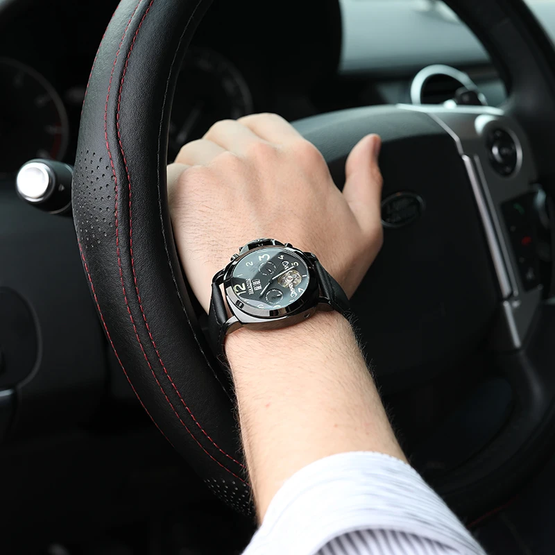 HAIQIN 2018 أعلى العلامة التجارية الفاخرة الرجال الساعات الرياضة الميكانيكية التلقائية ووتش الرجال الفاخرة العسكرية ساعة يد جلدية رجل الساعات