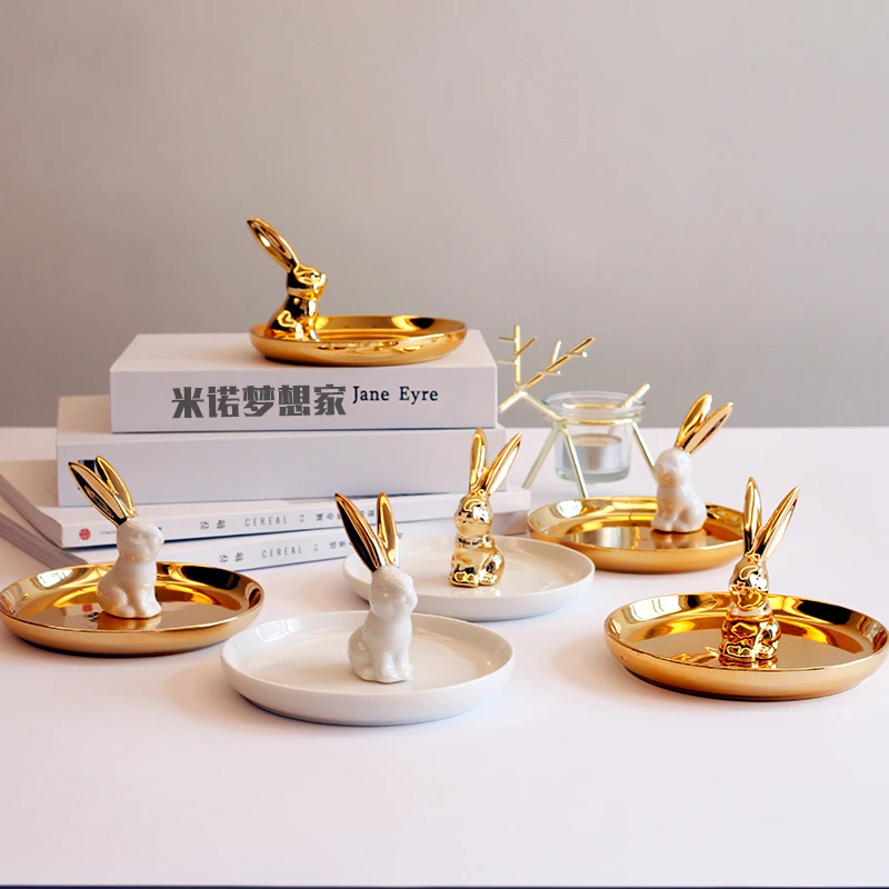

Quality Ceramic Rabbit Figurine Storage Tray Creative Mini Nordic Desktop Decorative Electroplate Cactus Flamingo Jewelry Plates