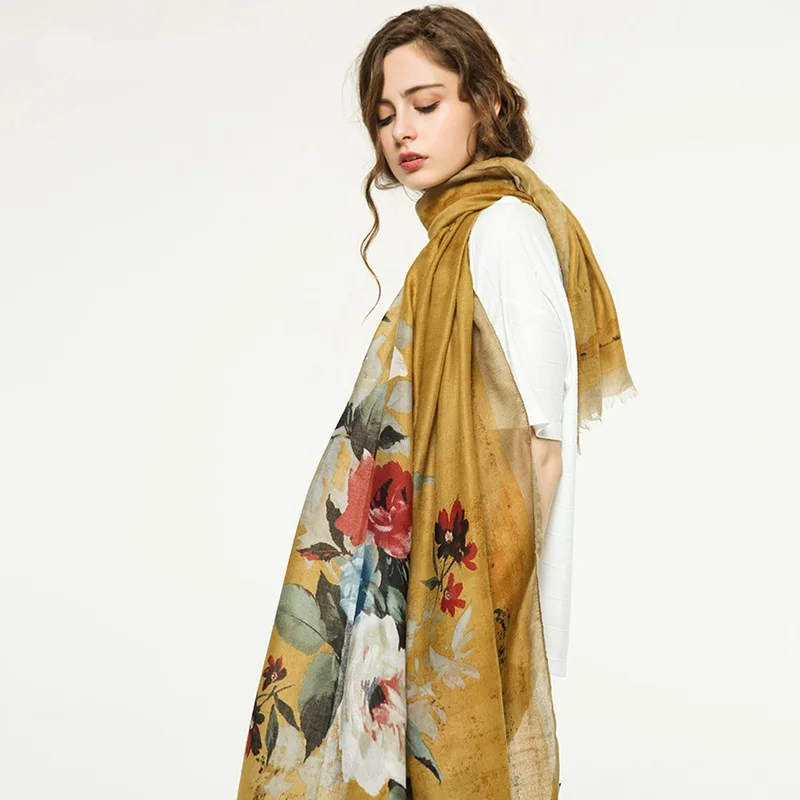 

Retro Scarf Women Satin print corner big flower ladies scarf thin section cotton linen foulard femme luxury brand hijab scarf
