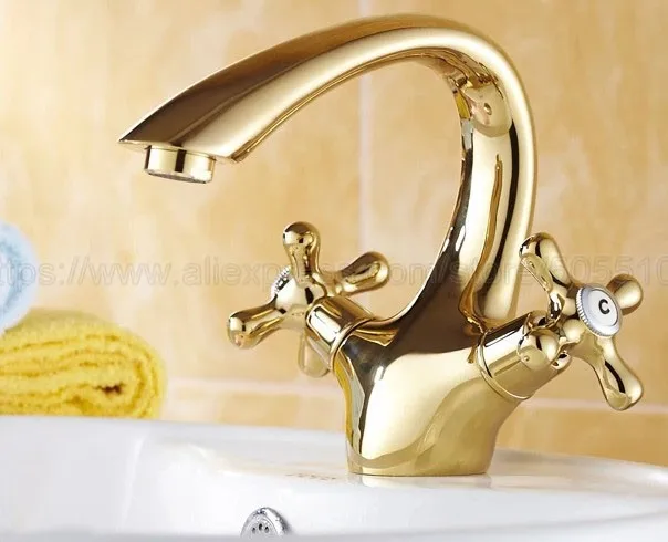 Gold Color Brass Bathroom Basin Faucet Lavatory Sink Tap Mixer Double Cross Handle Bath Tap Hot and Cold Mixer Tap znf231