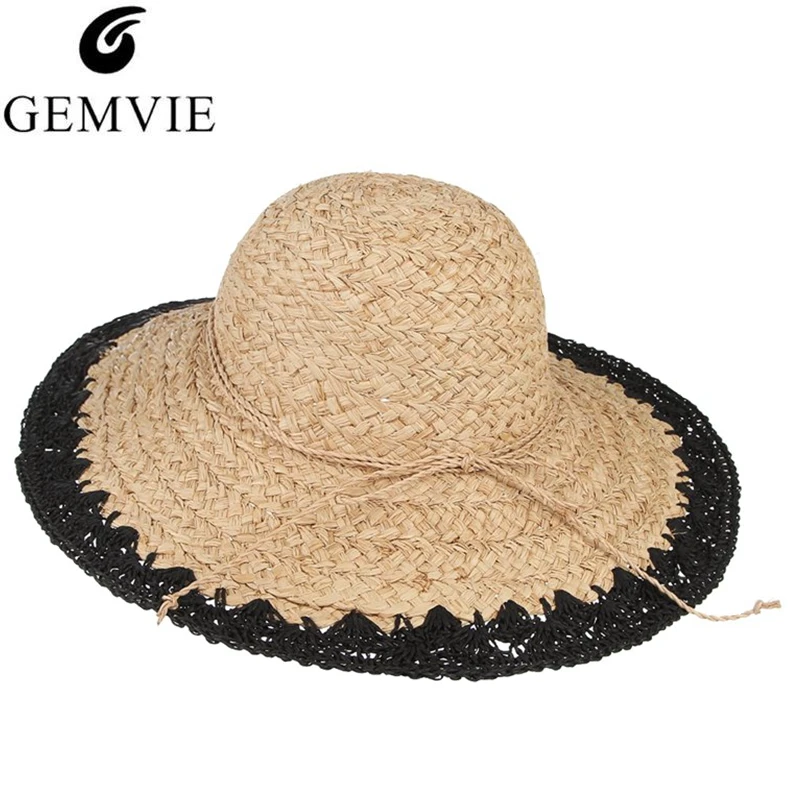 GEMVIE كبيرة حافة قبعات صيفية للنساء جديد قبعة قش على الموضة الرافية المنسوجة قبعة الشمس مع القش حبل سيدة شاطئ كاب بنما قبعة