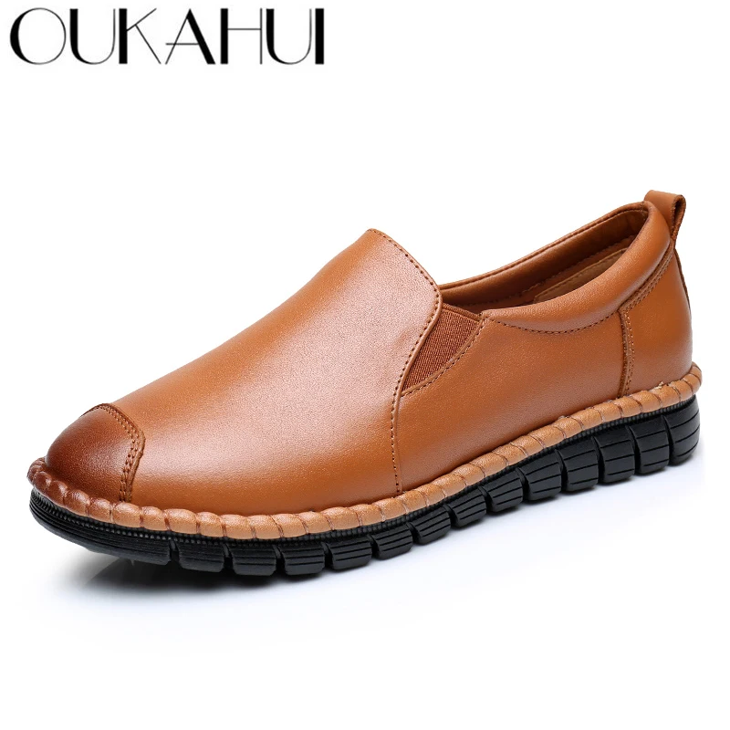 

OUKAHUI solid handmade Genuine leather ladies flat shoes leather black round toe shoes woman autumn Comfortable women's shoes