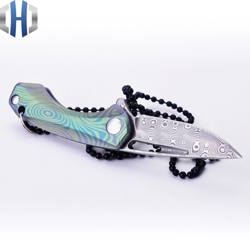 Mini Folding Paper Out Of The Box Folding Knife Pocket Carry EDC Key Ring Necklace TC4 Titanium Damascus Blade