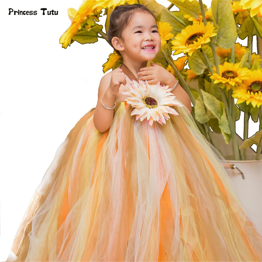 Sun Flower Girls Tutu Dress Children Princess Party Pageant Ball Gown