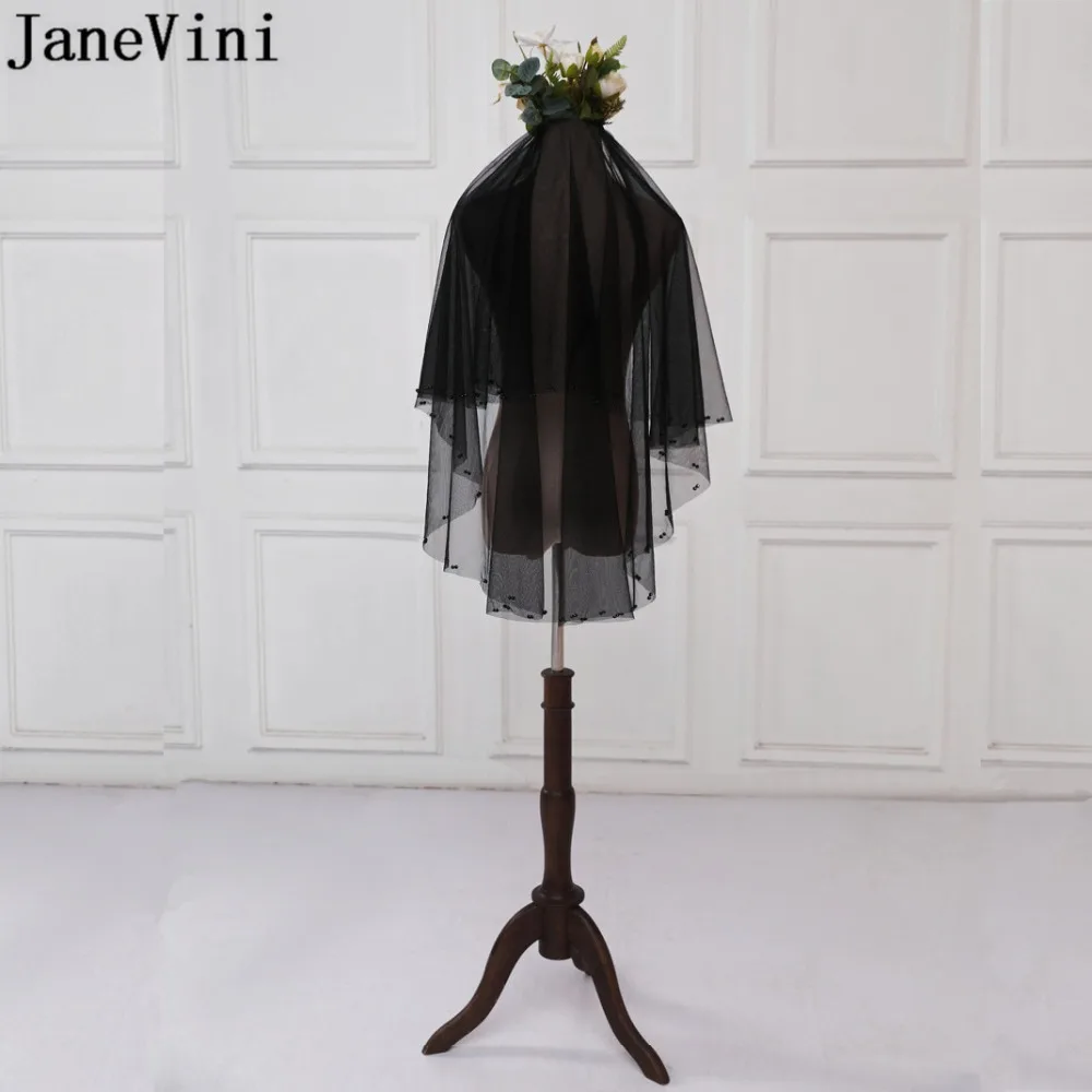 

JaneVini Simple Two Layer Black Beaded Short Bridal Veils Elbow Length Soft Tulle Women Veils Cut Edge Short Wedding Accessories