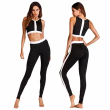 Костюм для Для женщин 2 шт. Набор Йога черный, белый цвет лоскутное спортивный топ+ длинные штаны Фитнес спортивный костюм Для женщин Спортивная