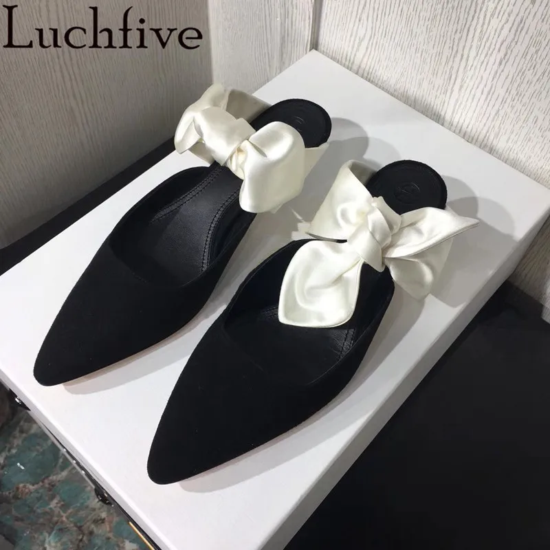 

Silk Butterfly-knot Summer Slippers Women Suede Sexy Pointed Toe Muller Shoes Elegant Kitten Heel Black Slides chaussures femme