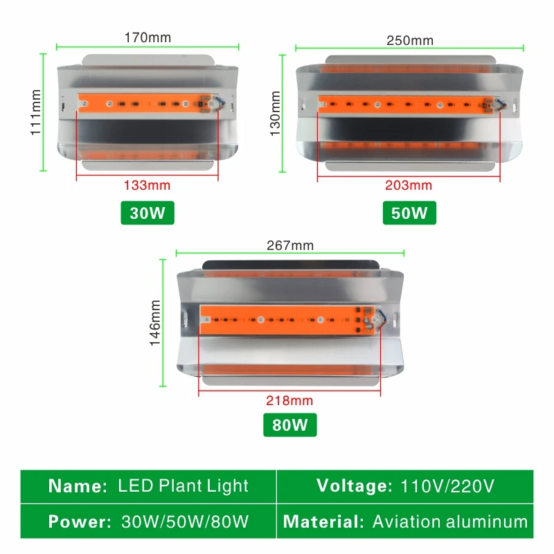 Светодиодный Grow светильник 30 Вт 50 Вт 80 Вт Светодиодный прожектор светильник переменного тока 110V 220V полный спектр комнатное растение светильник парниковых Cob светодиодный Grow светильник