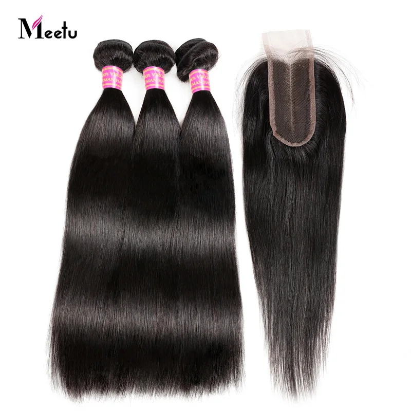 

Malaysian Straight Hair With Closure Meetu Hair Extension Bundles With Closure Non Remy 2/3 Human Hair Weave With Lace Closure