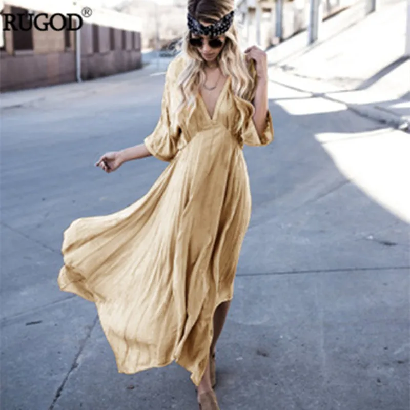 RUGOD Новое поступление элегантное желтое длинное платье макси с большим подолом женское летнее сексуальное пляжное платье с v-образным вырезом и коротким рукавом Befree Vestidos