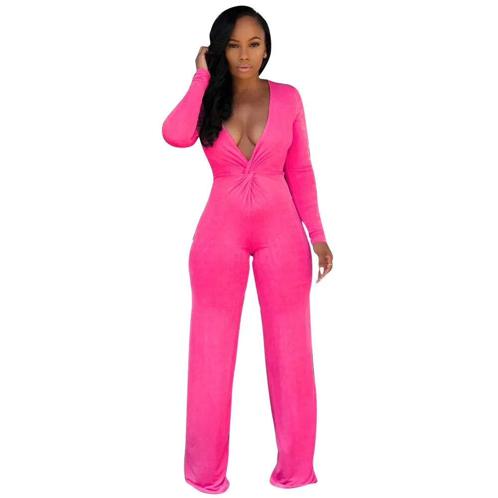Women Yellow Pleated Sexy Jumpsuits Long Sleeve Bodycon