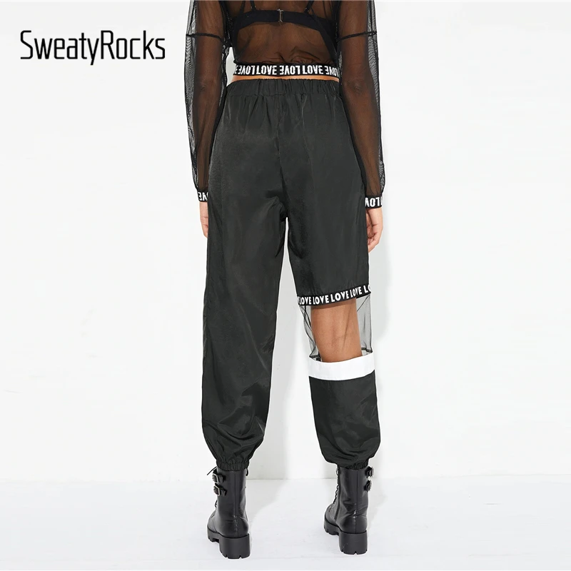SweatyRocks, сетчатые брюки с контрастным буквенным принтом, уличная одежда, эластичная талия, женские черные спортивные штаны, весна, рок, повседневные длинные штаны