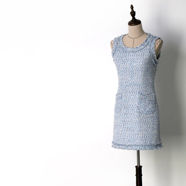 

Women fashion elegant blue tweed brief dress sleeveless fringe tassel dresses new 2018 autumn winter office lady