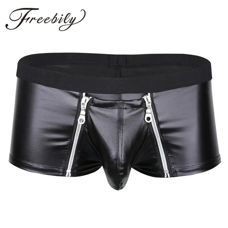 

Sexy Mens Hot Exotic Lingerie Faux Leather Boxer Shorts Men's Zipper open front Soft Shorts Underwear Underpants Gay Panties