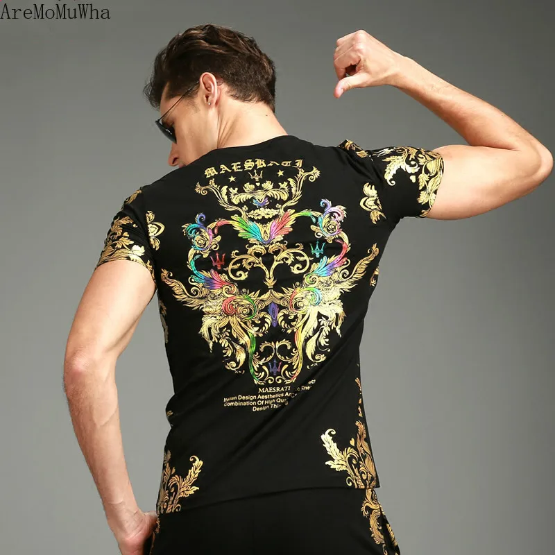 

AreMoMuWha New Summer Nightclub Fashion Men's Double-sided Tattoo Pattern T-shirt V-neck Print Half-sleeve Personality Pattern