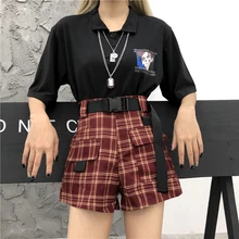 Харадзюку Bf клетчатые шорты женские высокие повседневные шорты Новая мода летняя уличная одежда гранж стиль шорты для женщин