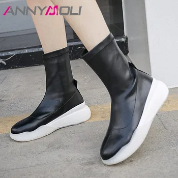 

ANNYMOLI Women Boots Autumn Ankle Boots PU Leather Flat Platform Short Boots Fashion Round Toe Shoes Female 2019 Winter Size 39