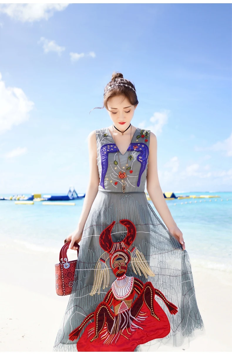 Летнее винтажное Плиссированное длинное женское платье с вышивкой и v-образным вырезом, высококачественное дизайнерское подиумное платье Vestidos