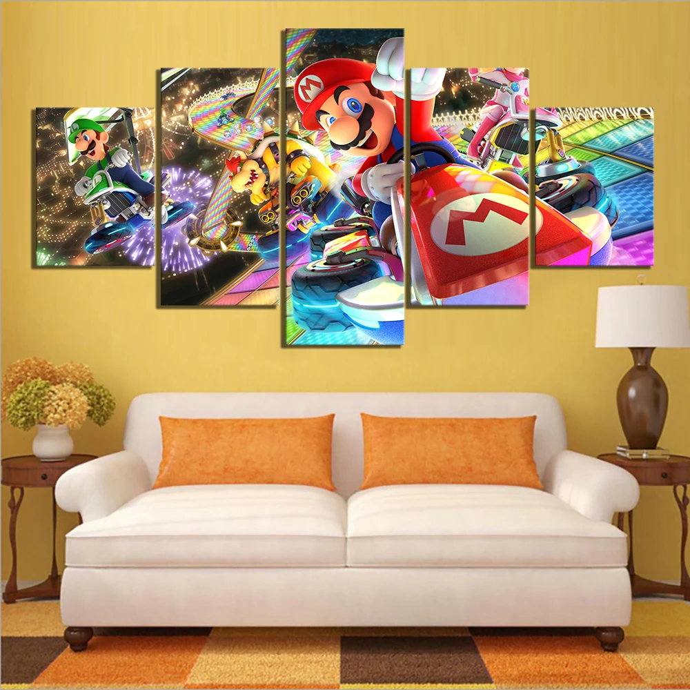 

5 Piece Mario Kart Cartoon Game Canvas Printed Wall Pictures Home Decor For Living Room Poster Canvas Wholesale