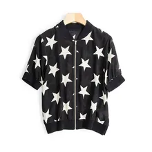 Шелк с Женская мода со звездным принтом кардиган на молнии Верхняя одежда Пальто короткие топы тонкий Куртки черный M/L