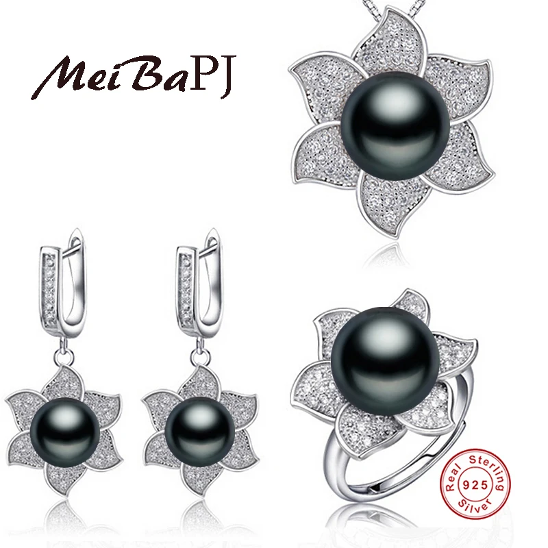 

[MeiBaPJ] Large Natural Pearl Jewelry 925 Silver Bridal Flower Wedding Necklace 4 Colors High Quality Fine Jewelry For Women