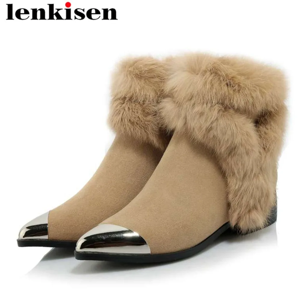 

Lenkisen beauty woman snow boots fashion pointed toe low heels zipper bushy rabbit fur decoration winter plush warmful boots L33