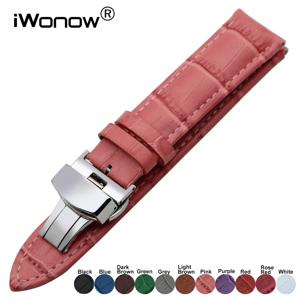Genuine Leather Watchband for Pebble Time Round 14mm 20mm Men Women Watch Band Steel Clasp Strap Wrist Bracelet Pink White Black