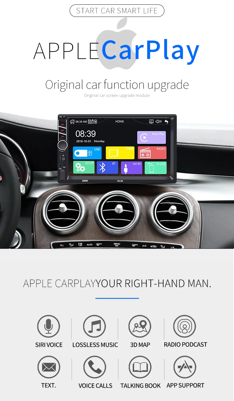 7013B Carplay Version 7 Inch Car Radio Player AUX FM MP4 MP5 Stereo Audio Support 1080P Video Rear View Camera Android Auto
