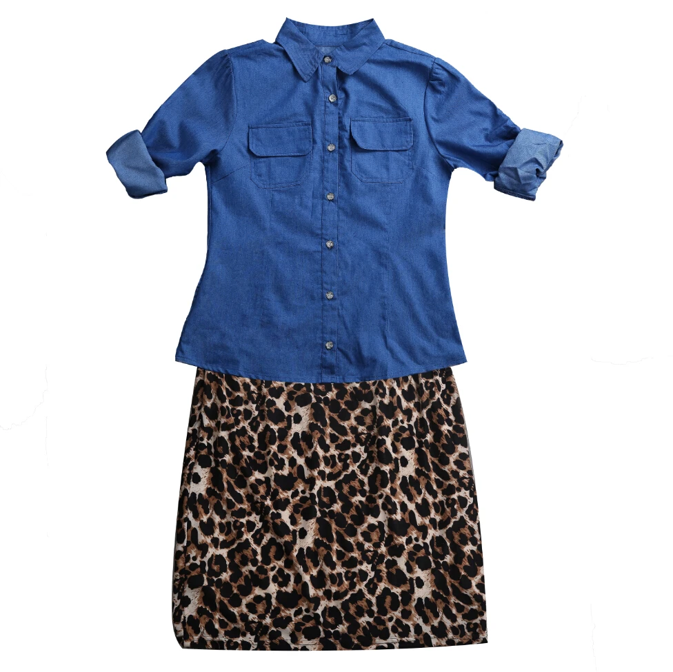 Модная женская синяя джинсовая рубашка с длинными рукавами для девочек, топы, леопардовая юбка, платье, повязка на голову, комплект одинаковой одежды для всей семьи