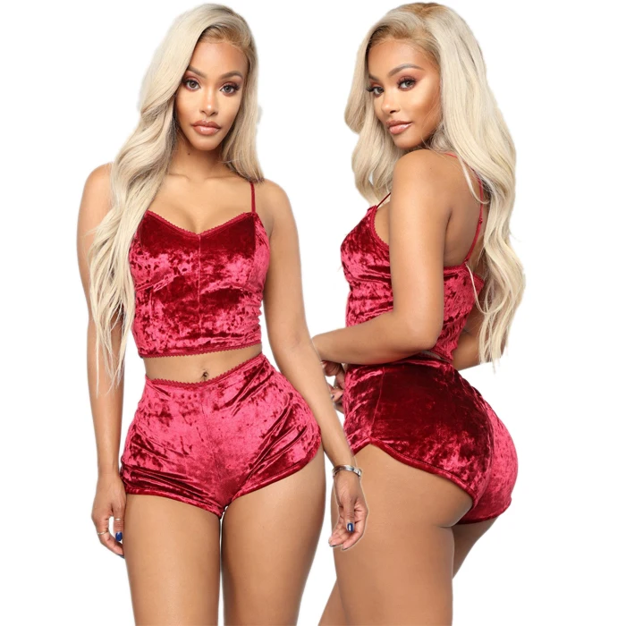 Fashion Women 2pcs Velvet Sleepwear Sexy Spaghetti Strap Velvet Shorts Pajama Set Ladies Sleepwear female Pajama Party Set - Color: Fuchsia