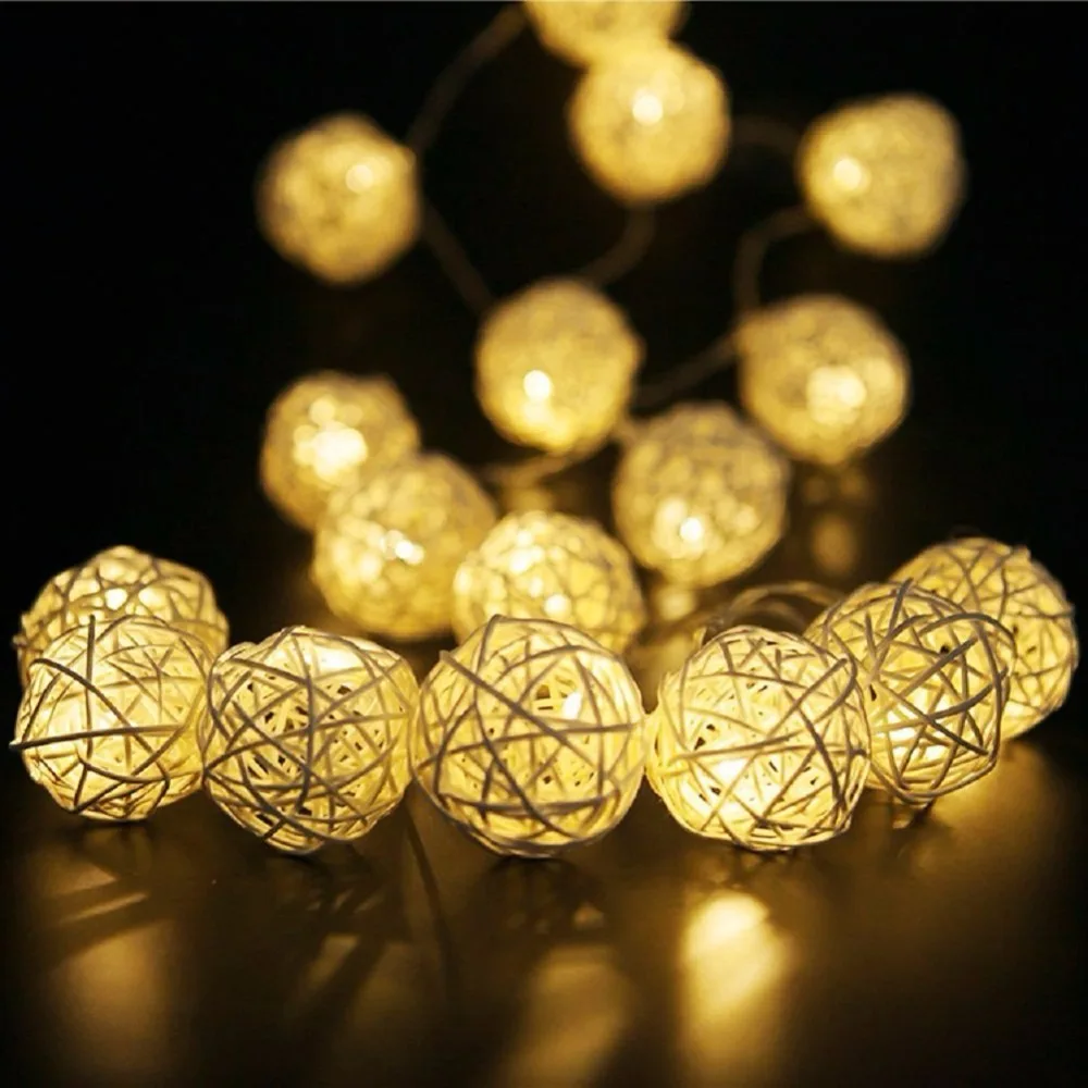 

20 Rattan Ball Led String Fairy Lights Christmas Tree Ornaments Xmas Decoration Ivory White LED Lights Home Garden Decor