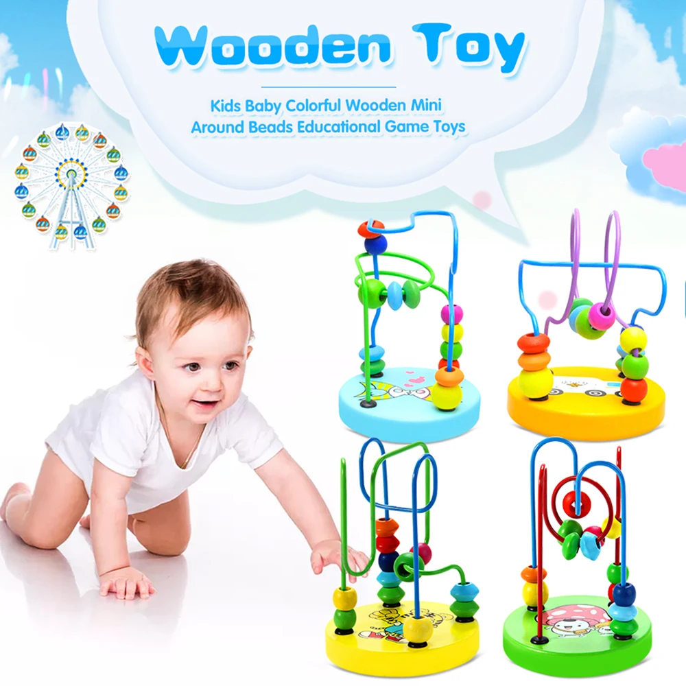 Mini Kids Baby Colorful Wooden Around Beads Educational Game Toy Learning Tools