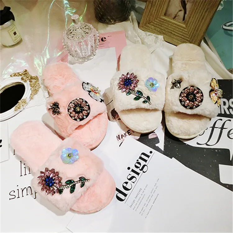 Women Indoor Slippers Shoes Flower Bee Rhinestone White Crystal Shoes Princess Ladies Autumn Winter Warm Plush Slippers M8G15 (8)