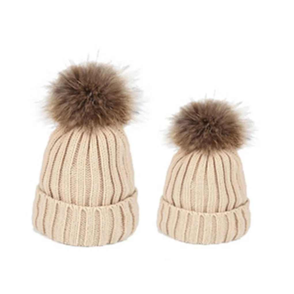 

2 Pcs Mother Kids Child Baby Warm Winter Knit Beanie Fur Pom Hat Crochet Ski Cap Cute Winter Baby Hat Mom Baby Warm Hats Mother