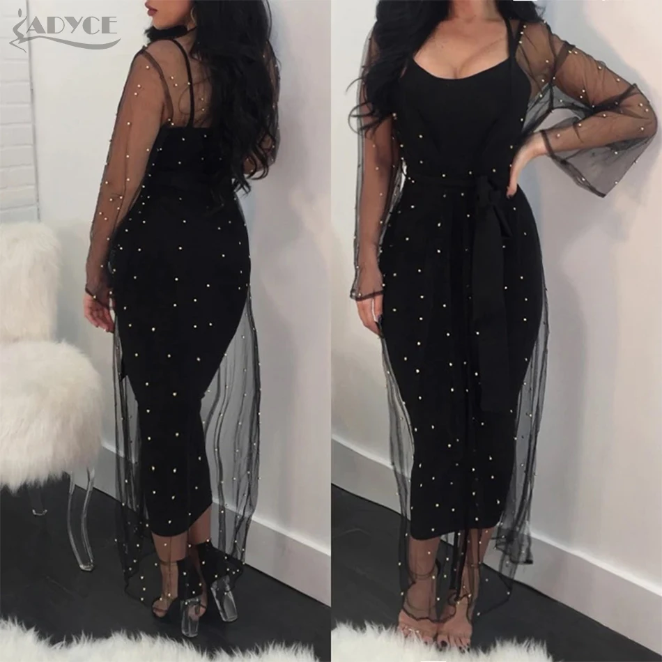 

Adyce 2019 New Women Bandage Dress Coat&Dress 2 Two Pieces Set Beading Mesh Lace Mid Celebrity Party Women Set Clubwear Vestidos